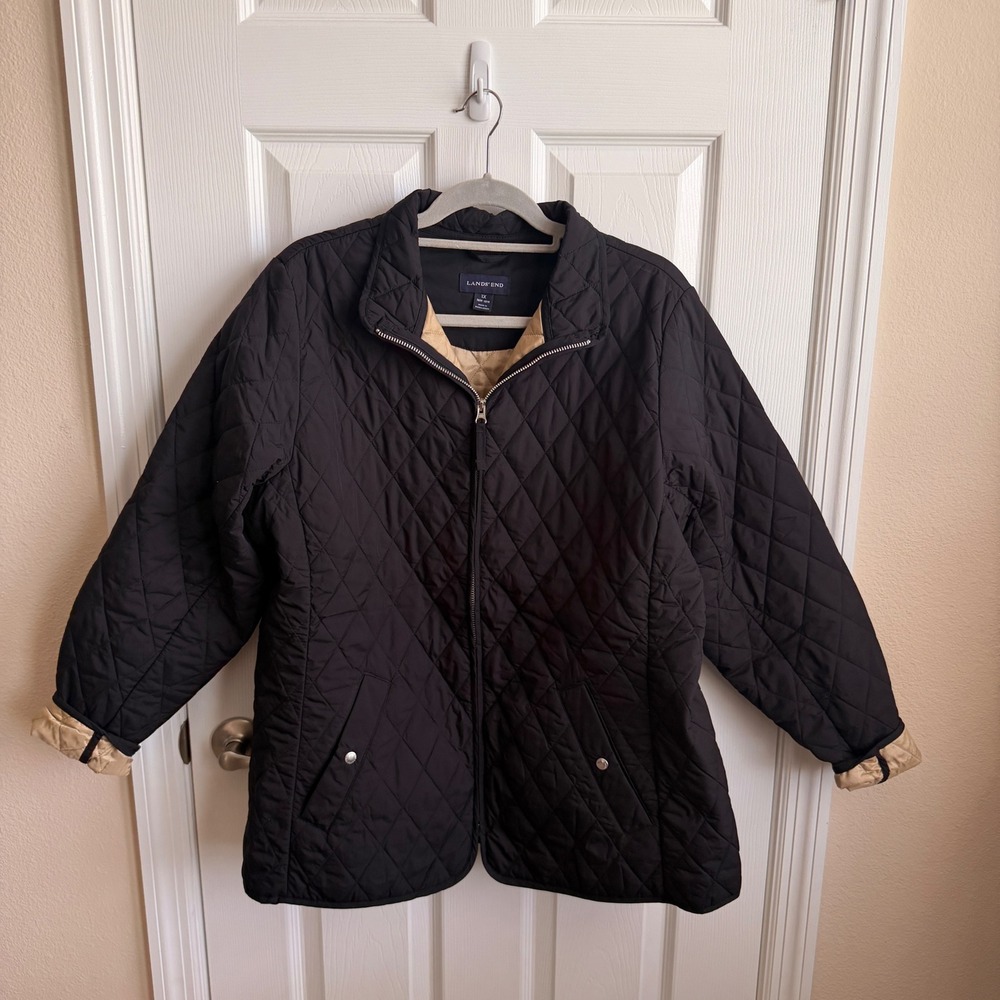 Lands End Black Quilted Barn Jacket Womens 1X 16W-18W Full Zip Tan Lining